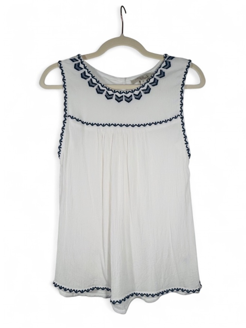 Olive & Oak White Sleeveless Embroidered Yoke Tank with Navy Trim